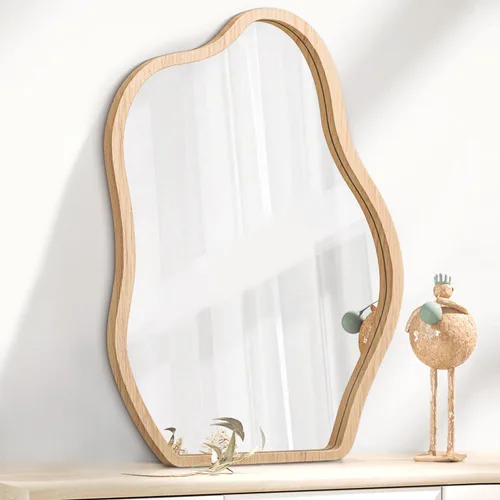 Vista 10 de Espejo de pared asimétrico con marco de madera, espejo colgante moderno irregular para pared para tocador, sala de estar, dormitorio, baño, entrada