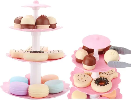 Vista 2 de Juego de juguetes de simulación de alimentos, dulces dulces de 3 niveles, galletas coloridas y postres torre para niños