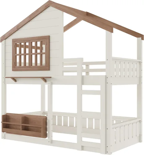 Vista 6 de Harper & Bright Designs - Litera de tamaño individual sobre individual con ventana y techo, literas bajas de madera maciza con estantería, escalera
