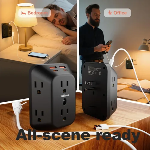 Vista 7 de Cargador de Pared USB Extensor de Toma Eléctrica, Protector contra Sobretensiones, Divisor de 6 Tomas con 4 Puertos USB (2USB A, 2USB C) Regleta