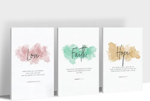 SHMAO Lienzo bíblico para pared, decoración de pared motivacional, 3 piezas de amor, fe, esperanza, lienzo, cuadros impresos para decoración de