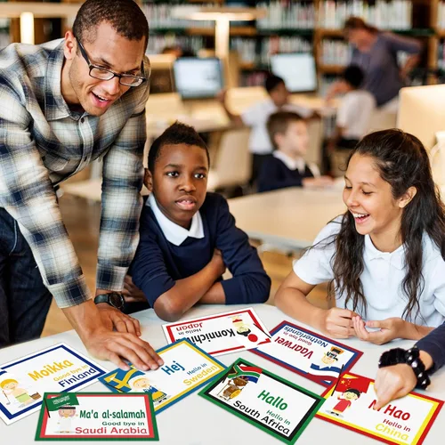 Vista 7 de 30 recortes de saludos de todo el mundo, diversidad, aprendizaje de idiomas, decoraciones de aula, recortes de idiomas multiculturales, suministros