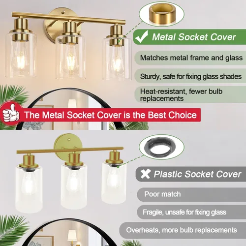 Vista 5 de 3 lámparas de baño doradas, lámpara de tocador de baño moderna con pantalla de vidrio transparente, luces de pared de baño de oro cepillado, lámpara