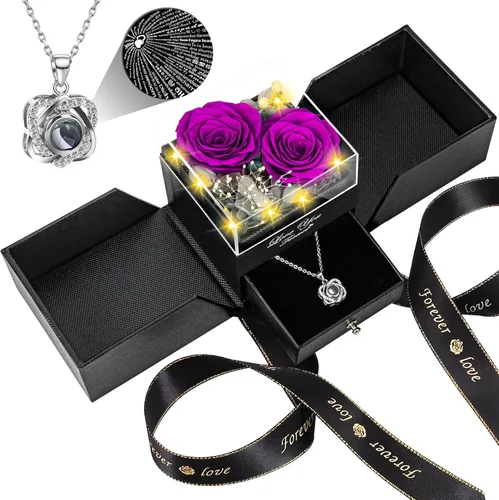 Vista 19 de Collar con diseño de rosa real preservada con corazón con texto en inglés "I Love You", flores eternas, regalos de cumpleaños para mujeres, mamá