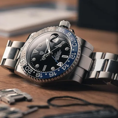 Vista 5 de Pagani Design GMT - Reloj mecánico de cristal de zafiro de lujo, reloj automático resistente al agua de acero inoxidable de 1.57 pulgadas (1662)