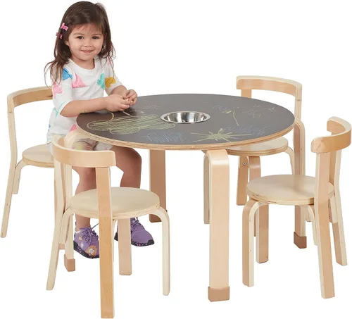 Vista 12 de ECR4Kids Bentwood - Juego de mesa de pizarra y silla con respaldo curvado, muebles para niños, natural, 5 piezas