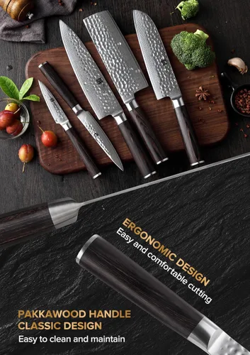 Vista 4 de XINZUO Damasco - Juego de cuchillos de chef de cocina de 7 piezas, juego de cuchillos de corte profesional afilado con bloque, mango de madera