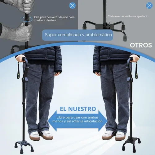 Vista 3 de Bastón ajustable para caminar para hombres y mujeres con base de 4 puntas para mayor estabilidad - Bastón plegable para personas mayores con mango