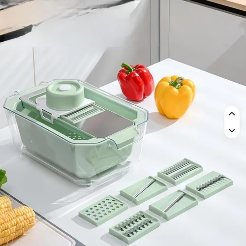 Rallador de mandolina con cesta de drenaje, rallador de alimentos con contenedor, triturador de cocina 6 en 1 de acero inoxidable, rallador de