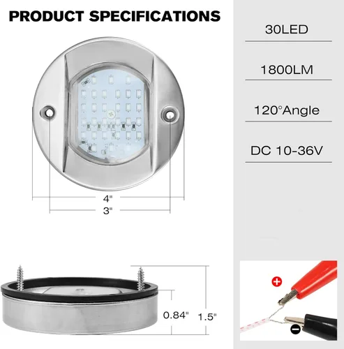 Vista 3 de HUSUKU Luces LED Marinas de Cortesía 4 pulgadas, SOOP3 P0-2 1800LM 30LED SUS316 Redondas IP65 Impermeables Luces Interiores de Popa de Barco