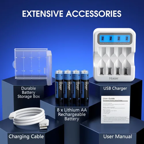 Vista 7 de Hixon Baterías AA recargables y cargador LCD, baterías recargables de litio AA de 1.5 V de 8 x 3500 mWh, salida constante, corriente máxima de 3 A