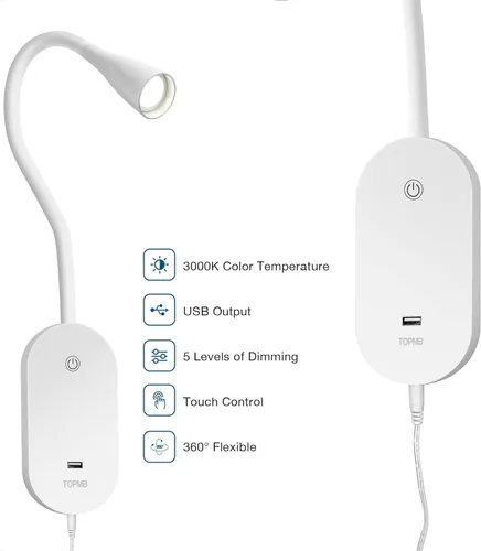 Vista 4 de Luz de lectura de pared para libros en la cama, lámpara de pared de cabecera con salida USB, lámpara de lectura regulable con 5 controles táctiles