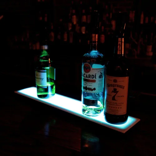 Vista 4 de BARCONIC® Estante de exhibición LED para botellas de licor, perfil bajo, 1 nivel (escalón), 18 pulgadas