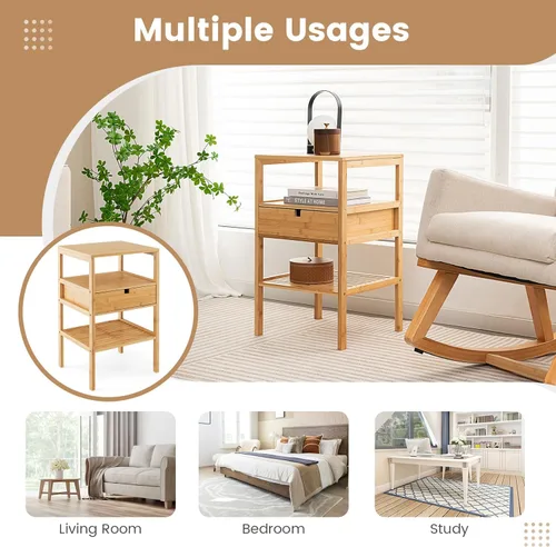 Vista 8 de LOKO Mesita de noche de bambú, mesitas de noche de madera con cajón extraíble y estante de almacenamiento, mesas auxiliares de estilo simple