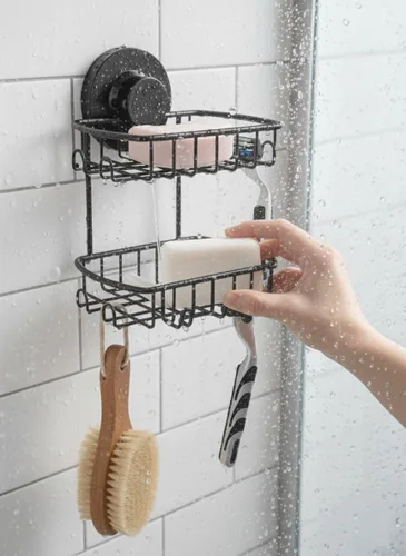 Vista 5 de Jabonera para ducha, potente sistema de vacío, resistente al óxido, 304, soporte para esponjas de cesta de acero inoxidable con ganchos de afeitar