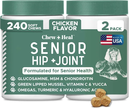 Vista 12 de Chew + Heal Labs Suplemento de glucosamina para cadera y articulaciones, 60 perros mayores, masticables suaves para movilidad, fabricados