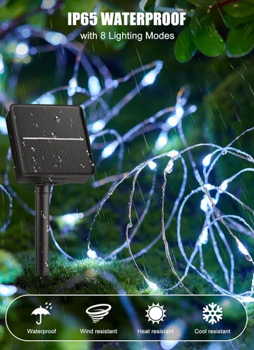 Vista 2 de Minetom Luces de Cadena Solares para Exteriores, 33 Pies 100 LED Luces Solares de Hadas para Exteriores, 8 Modos Luces de Balcón para Árbol Patio