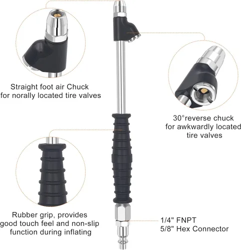 Vista 2 de SAFELIFE Portabrocas neumáticas de doble cabeza FNPT de pie recto de 1/4 pulgadas, portabrocas de inflado de neumáticos de alcance extendido de 9.4