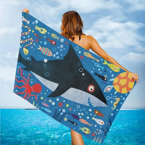 Vista 2 de Toalla de playa de gran tamaño para niños, de microfibra, a prueba de arena, de tiburón, toallas de playa para niños, de secado rápido, ligeras