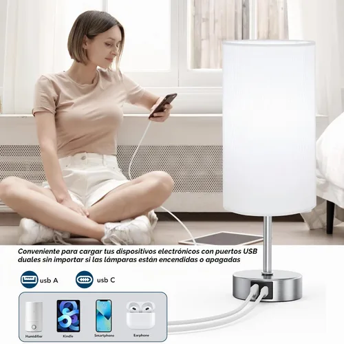 Vista 4 de ROTTOGOON Lámpara de mesa con control táctil de 12.8 pulgadas, lámpara de mesita de noche pequeña regulable de 3 vías con 2 puertos USB, lámparas