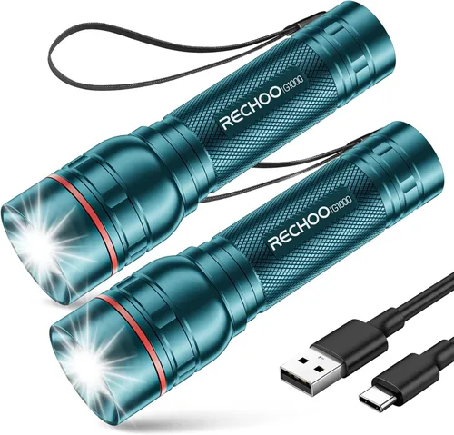 Vista 26 de RECHOO Linternas recargables de alta luminosidad, G1000 súper brillante, pequeña linterna LED con zoom y 3 modos de iluminación, linterna táctica