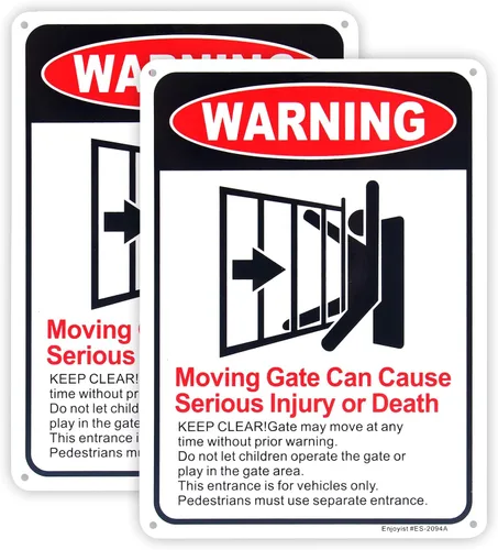 Enjoyist Paquete de 2 letreros para puerta móvil, puede causar lesiones graves o muerte, 10 x 7 pulgadas, aluminio reflectante de 0.04 pulgadas,