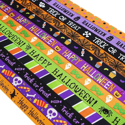 ALIBBON Cinta de Halloween de 12 yardas de 3/8 pulgadas, cinta de calabaza y fantasma, cintas de truco o trato, cinta de satén de grogrén decorativa