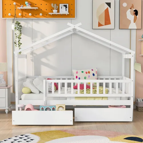Vista 3 de Cama de madera de tamaño individual con dos cajones y techo, cama de plataforma con 2 cabeceros, para dormitorio de niños, adolescentes, niñas