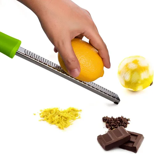 Vista 7 de Limón Zester, rallador de queso de cocina de acero inoxidable, cubierta de plástico, mango verde suave ergonómico