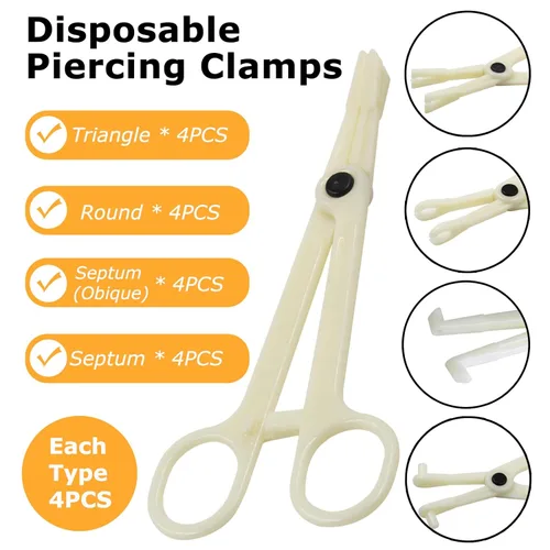 Vista 2 de 16 pinzas de plástico desechables, 4 tipos de abrazaderas de tabique, kit para piercing de oreja, nariz, pezón, lengua, para todos los piercings