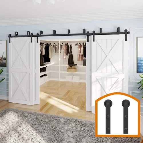 Vista 7 de ZEKOO Kit de hardware para puerta de granero corrediza de 8 pies, cuatro puertas, doble pista, desvío