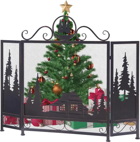 Vista 7 de Vanity Art Pantalla plegable de hierro para chimenea de 3 paneles con puerta Malla decorativa de granja, protector de chispas para chimenea