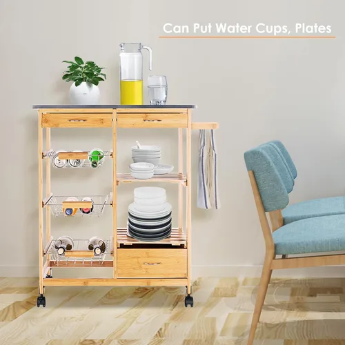 Vista 5 de Carrito de isla de cocina con cestas, isla de cocina rodante sobre ruedas con almacenamiento, carrito de cocina con cajón, marrón