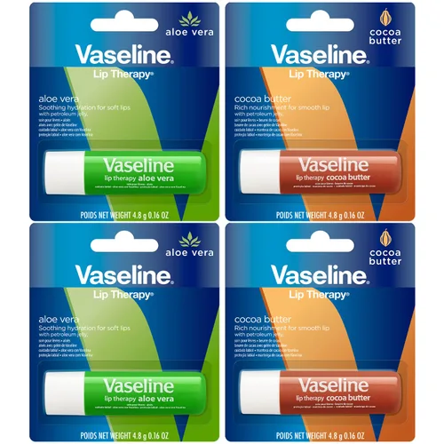 Vaseline Paquete variado de terapia de labios, manteca de cacao + bálsamo labial hidratante de aloe vera con vitamina E, 0.16 onzas de Ea