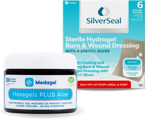 Medagel Hexagels Plus Aloe Vera Almohadillas de hidrogel sin parabenos y SilverSeal Apósito para quemaduras y heridas, almohadillas de hidrogel