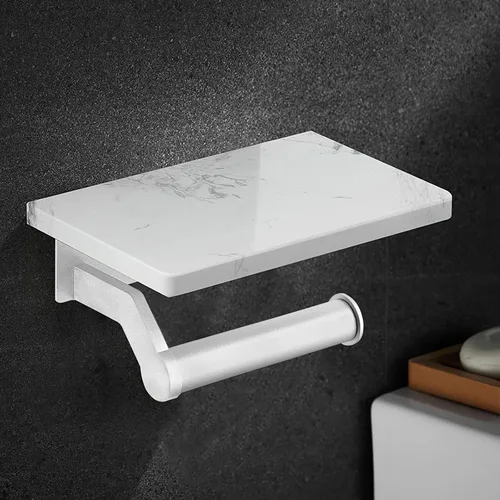 Vista 8 de Soporte de papel higiénico de aluminio negro mate Hoimpro con estante de mármol natural blanco, soporte de almacenamiento de rollo de papel de mano