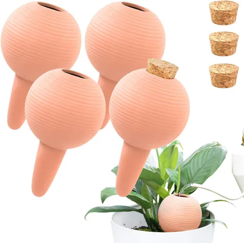 Vista 10 de Juego de 4 globos de riego automático de terracota de 14 onzas para plantas en maceta, bombillas de riego con tapones de corcho, picos de riego