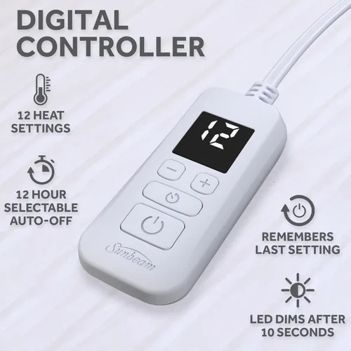 Vista 3 de Sunbeam Almohadilla de colchón eléctrica con calefacción, tamaño individual de 75 x 39 pulgadas, 12 ajustes de calor, apagado automático de 12