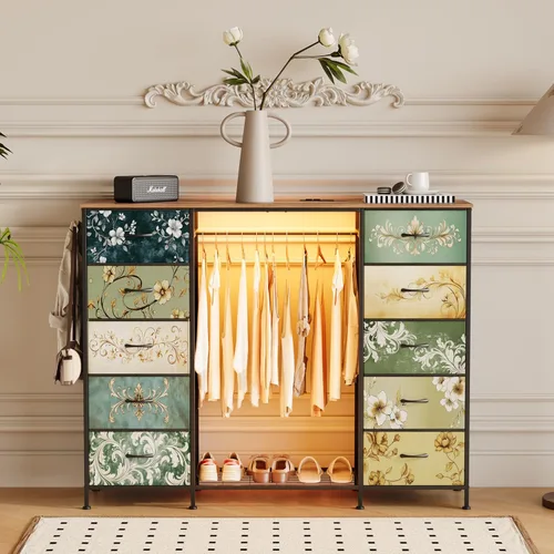 Vista 10 de LUMTOK Cómoda 2 en 1 de 55" de ancho con perchero colgante, cómoda de 10 cajones para dormitorio, cómodas con cajones de tela, luces LED, estación