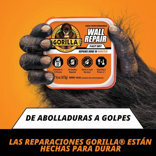 Vista 3 de Gorilla - Resanador + imprimación resistente para reparación de paredes, tubo de 16 onzas, blanco