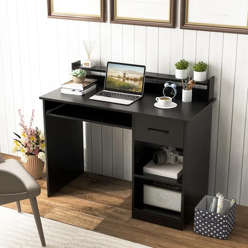 Vista 2 de Escritorio para computadora con gabinete y bandeja para teclado, estación de trabajo de oficina en casa con cajón, estantes ajustables, mesa de Negro