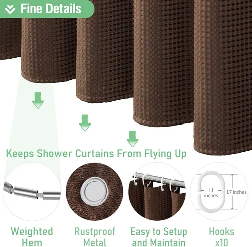 Vista 153 de Cortina de ducha de tela Dynamene verde oscuro - Cortinas de baño de tela de nido de abeja texturizadas resistentes, juego de cortinas de baño