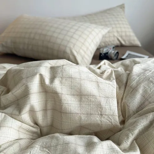 Vista 4 de PinkMemory Juego de funda de edredón de cuadros beige tamaño Queen, 100% algodón lavado, estilo vintage, a cuadros, juego de ropa de cama de 3