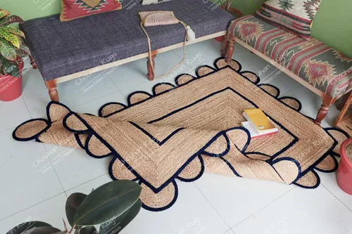 Vista 5 de Chouhan Rugs Alfombra de Área de Yute Natural Trenzada a Mano Runner Negro con Escalopes
