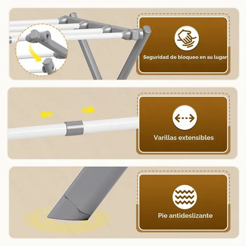 Vista 5 de KINGBOARD Tendedero de ropa plegable extensible de 3 niveles, gris