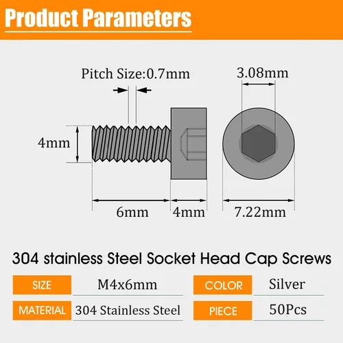 Vista 2 de Tornillos M4 de 0.236 in, 50 piezas M4-0.028 x 0.236 in, tornillo y perno de acero inoxidable 18-8 tornillos Allen Hex Drive Machine, rosca
