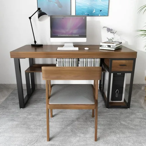 Vista 2 de Escritorio de computadora de madera maciza de metal para oficina en casa con soporte y cajón de CPU, escritorio de PC, estación de trabajo