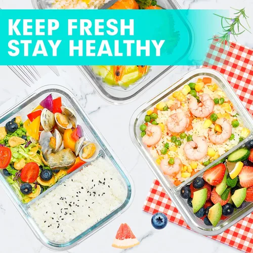 Vista 7 de VERONES Paquete de 5 recipientes de vidrio para preparación de comidas, juego de 2 compartimentos, recipientes herméticos de vidrio para almuerzo