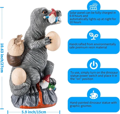 Vista 4 de Estatuas de jardín con luces solares para exteriores, estatua de dinosaurio al aire libre con 3 luces LED, luces de jardín impermeables