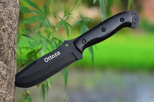 Vista 4 de Ottoza Cuchillo de caza de hoja fija con funda de cuero y transporte horizontal, cuchillo de supervivencia y campamento al aire libre de espiga